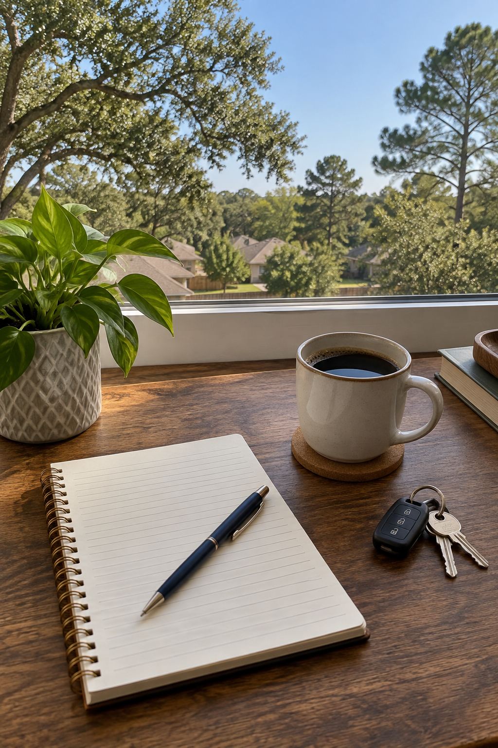 Desk flat-lay, illustrative