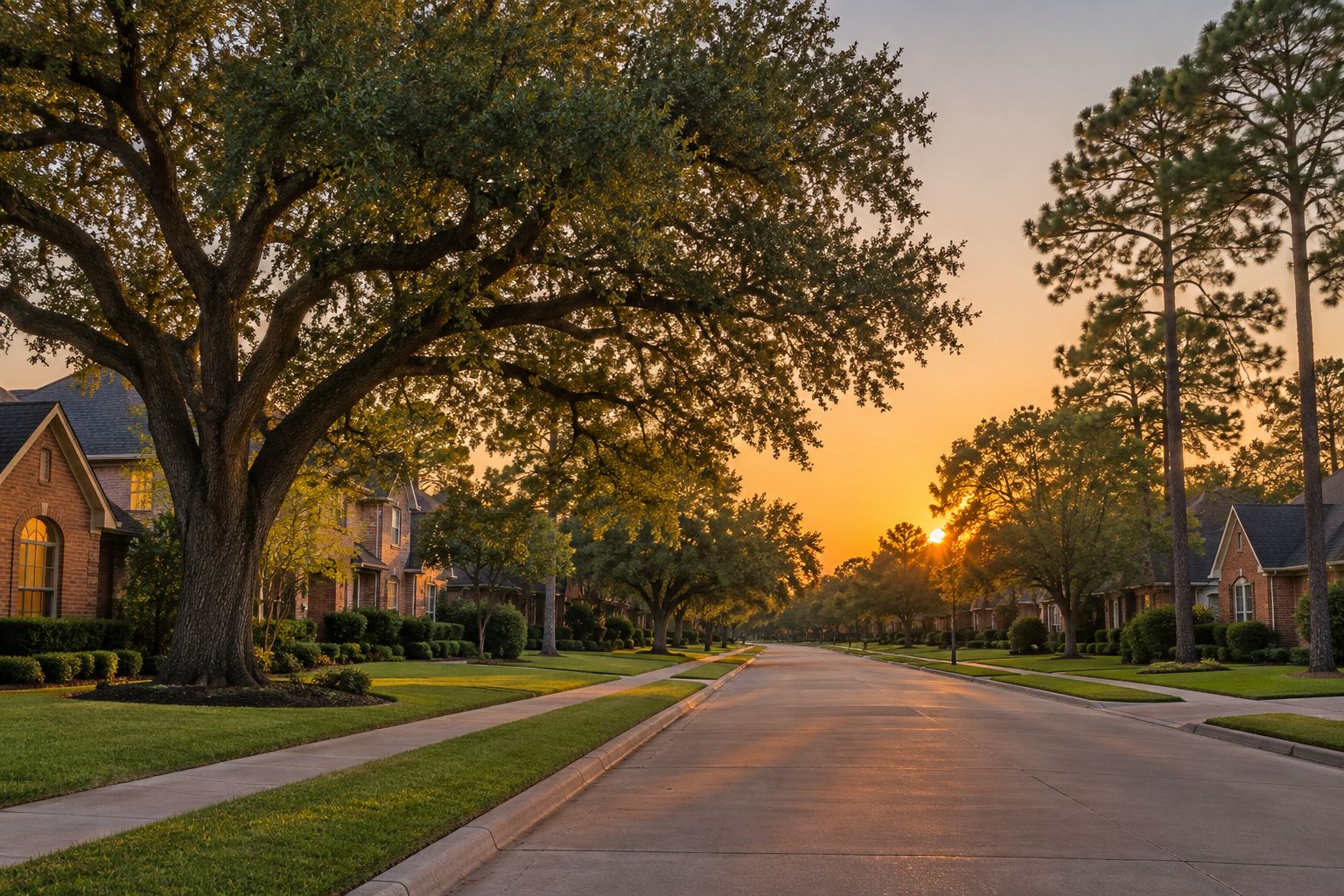A Houston residential street at sunset, illustrative