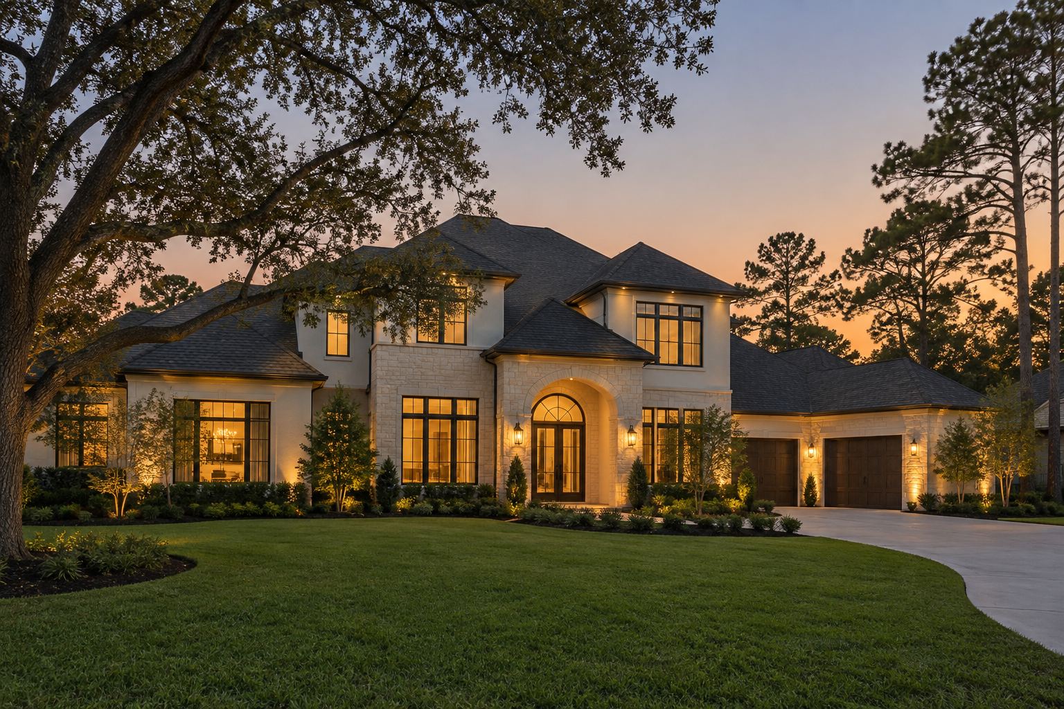 A Houston waterfront home at dusk, illustrative