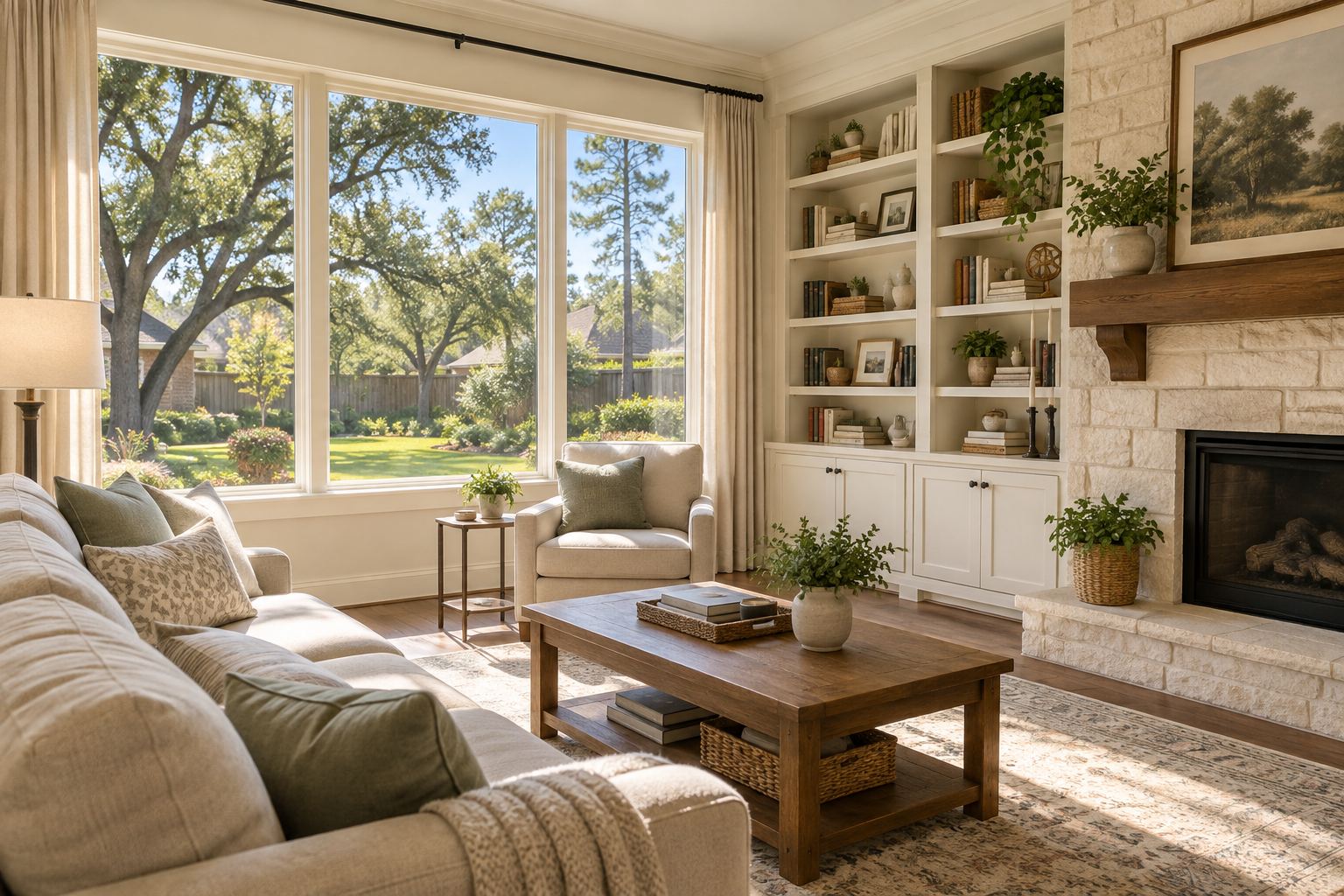 A cozy Houston living room, illustrative