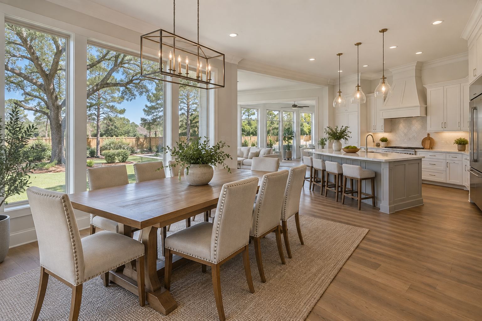 A bright coastal dining room, illustrative